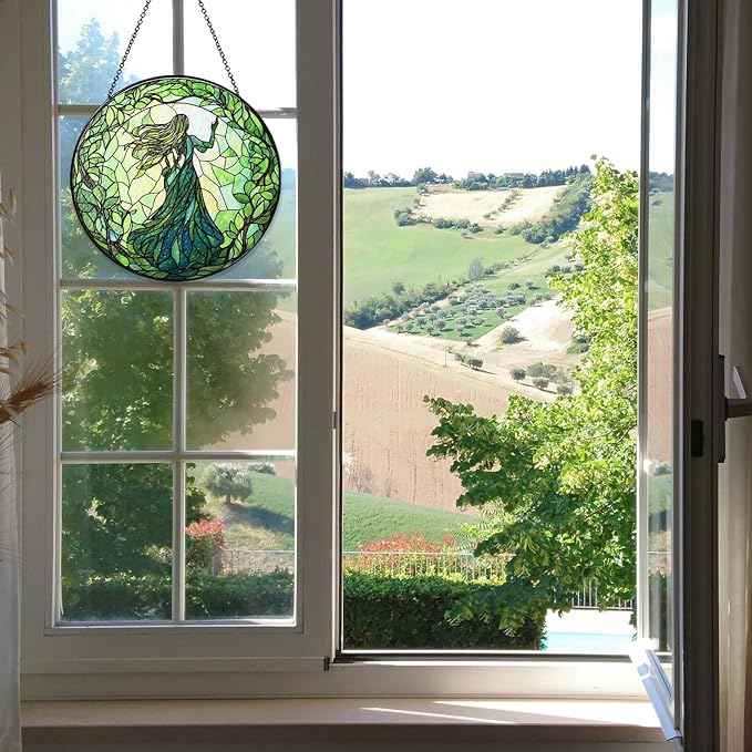 Green Witch Suncatcher Plant Witch Stained Glass Window Hanging Plant Lover Gifts for Women Wall Decor Handmade Sun Catcher Decoration for Garden Home Housewarming Gifts
