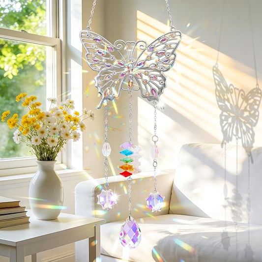 Butterfly Birthday Gifts for Women, Hanging Crystals Sun Catcher Prisms with Love Pendant for Window Room Garden Decor, Suncatcher Mothers Day Housewarming Gifts for Friends, Mom, Grandma, Wife
