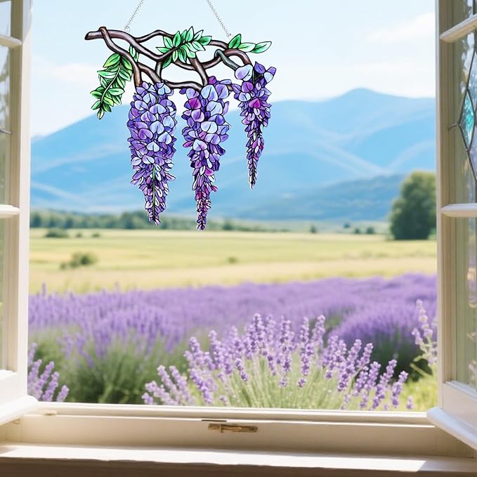 Flower Sun Catchers Indoor Window, Wisteria Suncatcher Stained Glass Window Hanging, Flower Suncatchers for Nana/Mom/Women (UV Printed)