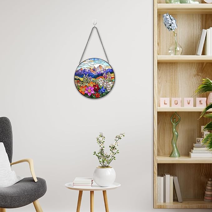 Valley Stained Glass Window Hanging, 7.8" Round Sun Catcher Hand Painted Wall Art Decor with Chain, Unique Housewarming Gifts for Couples, Home