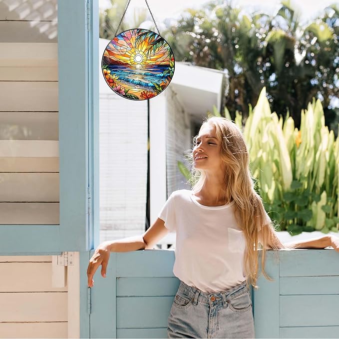 Beach Sunset Sun Catcher Stained Glass Window Hanging 9.8'', Beach Lovers Gifts for Women Kitchen Decor Landscape Decoration for Home Garden Housewarming Gifts