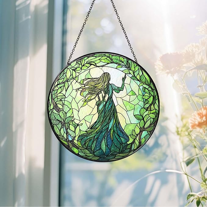 Green Witch Suncatcher Plant Witch Stained Glass Window Hanging Plant Lover Gifts for Women Wall Decor Handmade Sun Catcher Decoration for Garden Home Housewarming Gifts