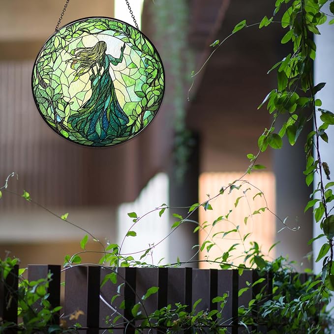 Green Witch Suncatcher Plant Witch Stained Glass Window Hanging Plant Lover Gifts for Women Wall Decor Handmade Sun Catcher Decoration for Garden Home Housewarming Gifts