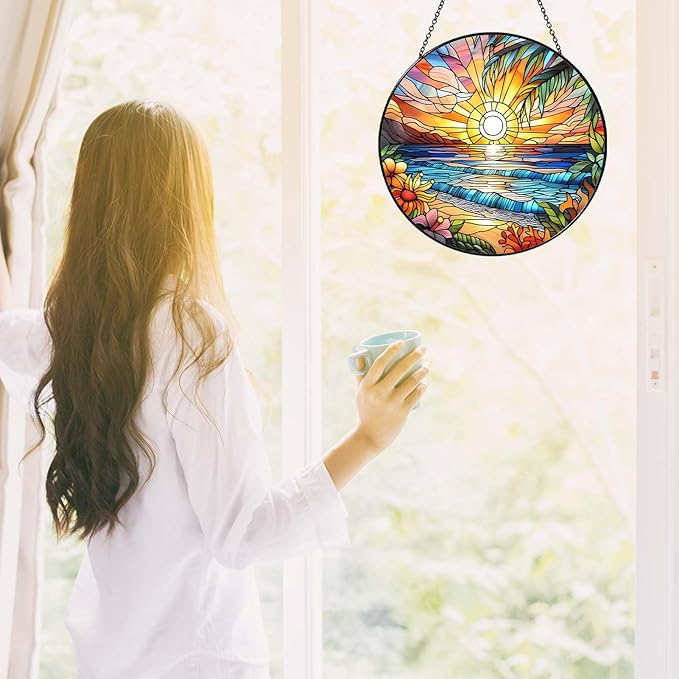 Beach Sunset Sun Catcher Stained Glass Window Hanging 9.8'', Beach Lovers Gifts for Women Kitchen Decor Landscape Decoration for Home Garden Housewarming Gifts