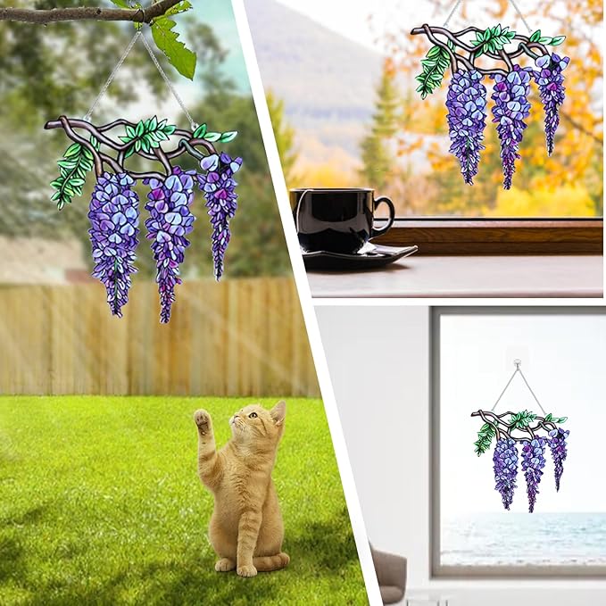 Flower Sun Catchers Indoor Window, Wisteria Suncatcher Stained Glass Window Hanging, Flower Suncatchers for Nana/Mom/Women (UV Printed)