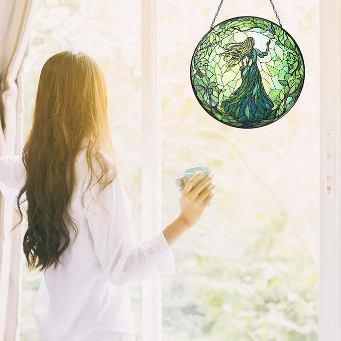 Green Witch Suncatcher Plant Witch Stained Glass Window Hanging Plant Lover Gifts for Women Wall Decor Handmade Sun Catcher Decoration for Garden Home Housewarming Gifts