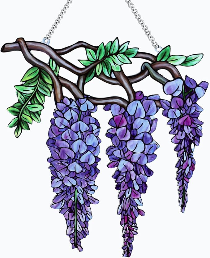 Flower Sun Catchers Indoor Window, Wisteria Suncatcher Stained Glass Window Hanging, Flower Suncatchers for Nana/Mom/Women (UV Printed)