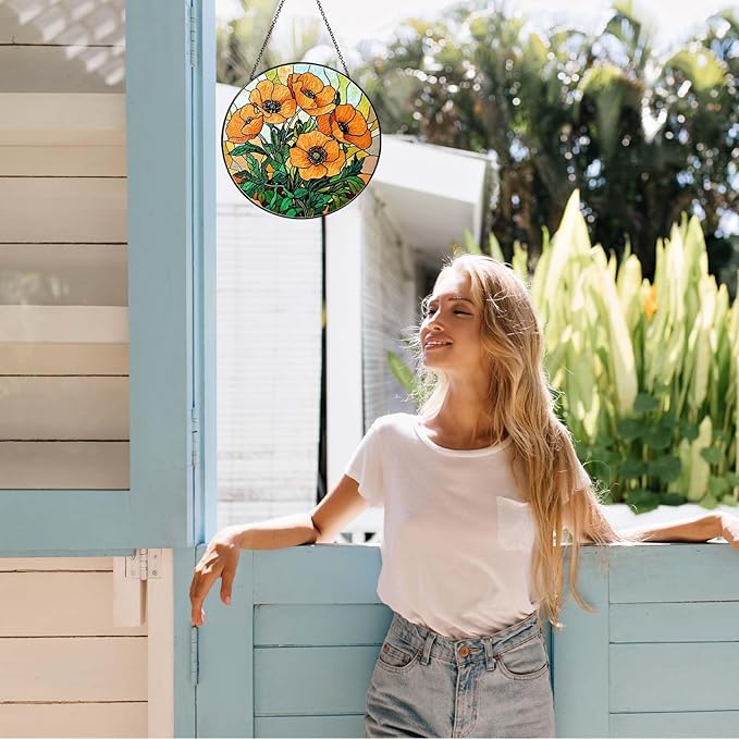 California Poppy Forest Sun Catcher Stained Glass Window Hanging Flower Lover Gifts for Women Poppy Wall Decor Handmade Sun Catcher Decoration for Home Garden Housewarming Gifts