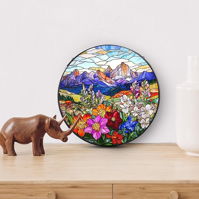 Valley Stained Glass Window Hanging, 7.8" Round Sun Catcher Hand Painted Wall Art Decor with Chain, Unique Housewarming Gifts for Couples, Home