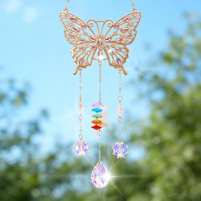 Butterfly Birthday Gifts for Women, Hanging Crystals Sun Catcher Prisms with Love Pendant for Window Room Garden Decor, Suncatcher Mothers Day Housewarming Gifts for Friends, Mom, Grandma, Wife