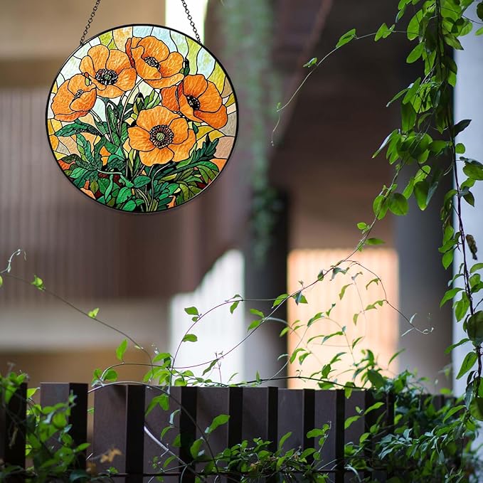 California Poppy Forest Sun Catcher Stained Glass Window Hanging Flower Lover Gifts for Women Poppy Wall Decor Handmade Sun Catcher Decoration for Home Garden Housewarming Gifts