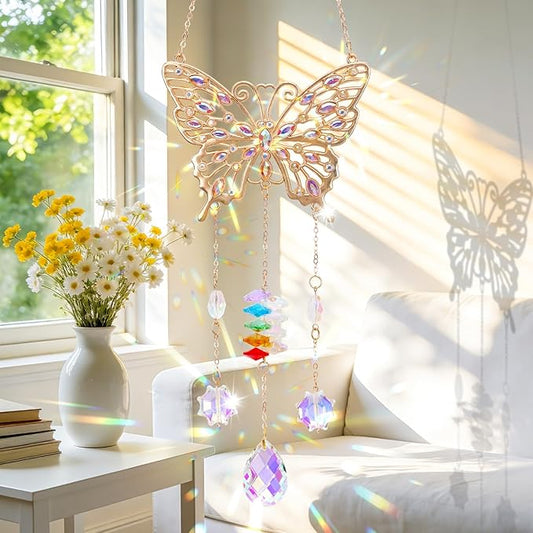 Butterfly Birthday Gifts for Women, Hanging Crystals Sun Catcher Prisms with Love Pendant for Window Room Garden Decor, Suncatcher Mothers Day Housewarming Gifts for Friends, Mom, Grandma, Wife