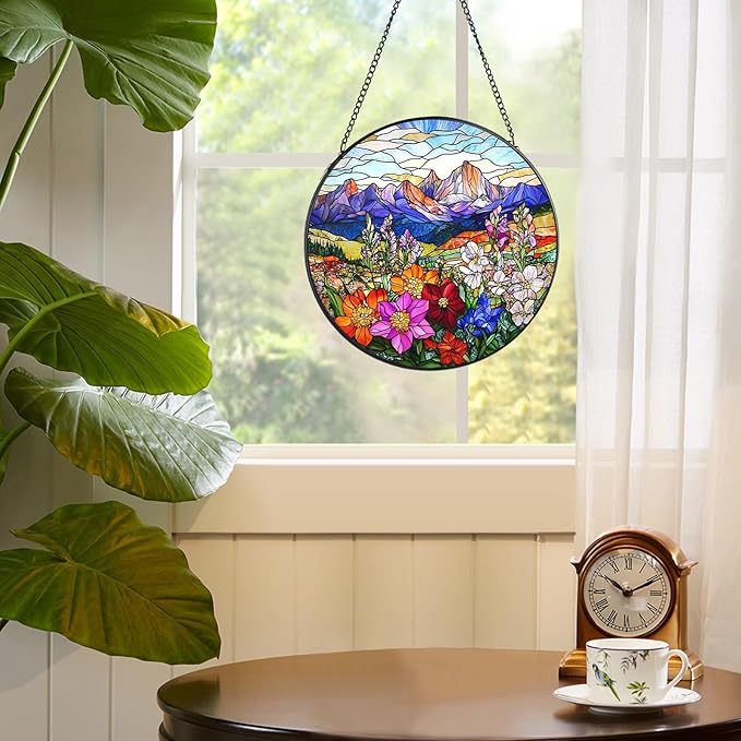 Valley Stained Glass Window Hanging, 7.8" Round Sun Catcher Hand Painted Wall Art Decor with Chain, Unique Housewarming Gifts for Couples, Home
