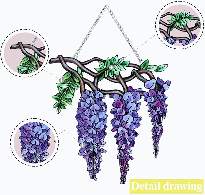 Flower Sun Catchers Indoor Window, Wisteria Suncatcher Stained Glass Window Hanging, Flower Suncatchers for Nana/Mom/Women (UV Printed)