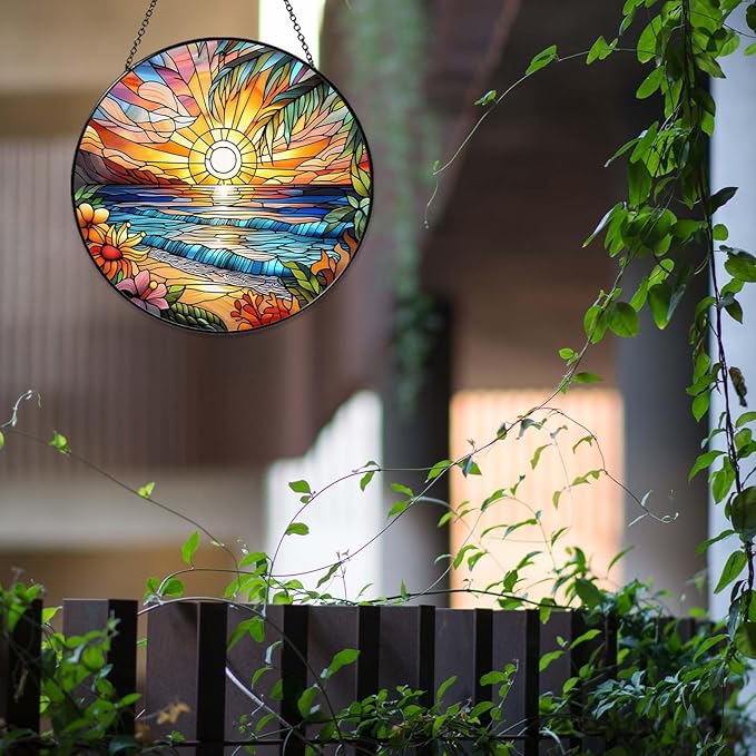Beach Sunset Sun Catcher Stained Glass Window Hanging 9.8'', Beach Lovers Gifts for Women Kitchen Decor Landscape Decoration for Home Garden Housewarming Gifts