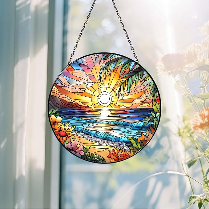 Beach Sunset Sun Catcher Stained Glass Window Hanging 9.8'', Beach Lovers Gifts for Women Kitchen Decor Landscape Decoration for Home Garden Housewarming Gifts