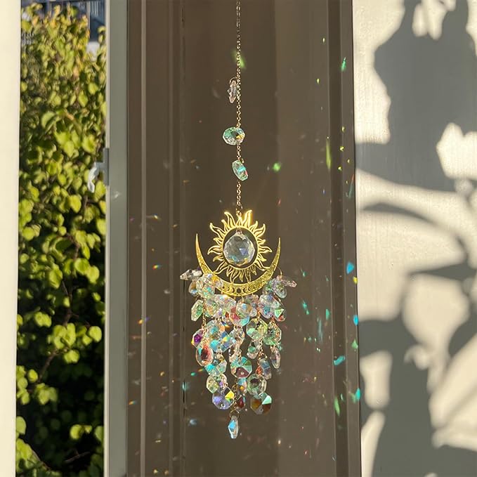 Hanging Prism Sun Catchers Hanging Indoor Window Celestial Crystal Suncatcher Moon and Sun Rainbow Maker