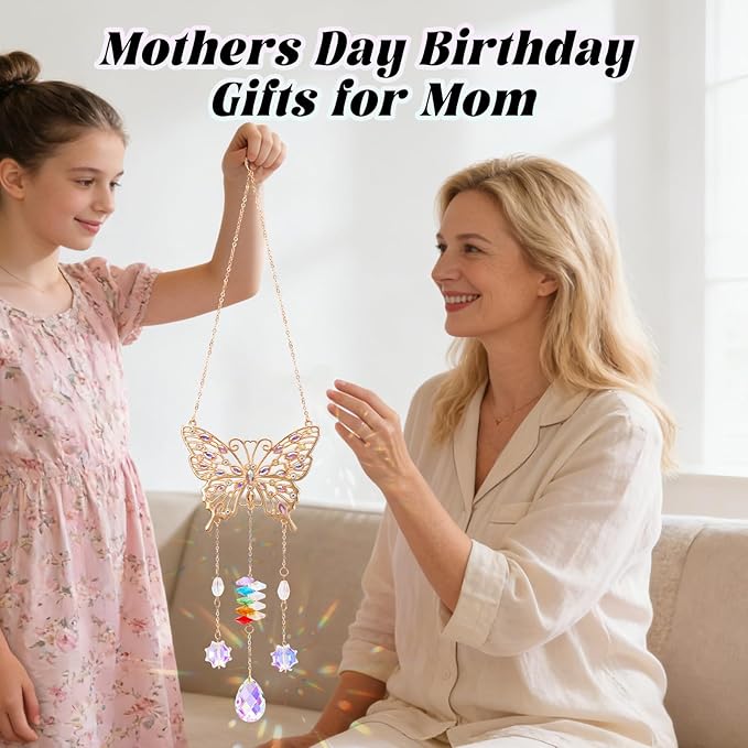Butterfly Birthday Gifts for Women, Hanging Crystals Sun Catcher Prisms with Love Pendant for Window Room Garden Decor, Suncatcher Mothers Day Housewarming Gifts for Friends, Mom, Grandma, Wife