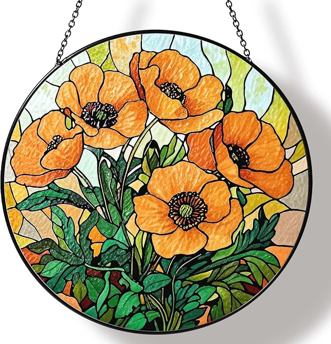 California Poppy Forest Sun Catcher Stained Glass Window Hanging Flower Lover Gifts for Women Poppy Wall Decor Handmade Sun Catcher Decoration for Home Garden Housewarming Gifts