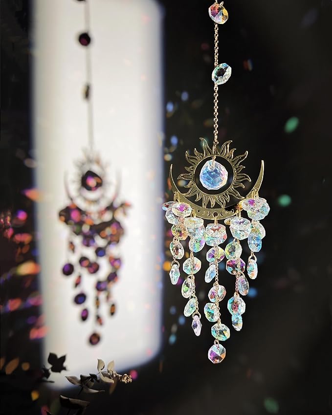 Hanging Prism Sun Catchers Hanging Indoor Window Celestial Crystal Suncatcher Moon and Sun Rainbow Maker