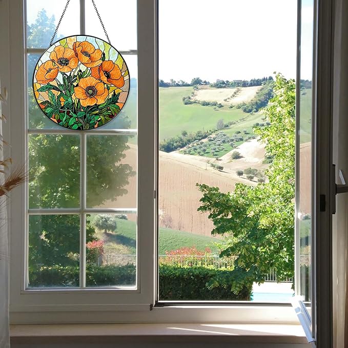 California Poppy Forest Sun Catcher Stained Glass Window Hanging Flower Lover Gifts for Women Poppy Wall Decor Handmade Sun Catcher Decoration for Home Garden Housewarming Gifts