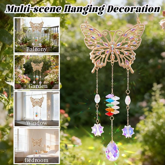 Butterfly Birthday Gifts for Women, Hanging Crystals Sun Catcher Prisms with Love Pendant for Window Room Garden Decor, Suncatcher Mothers Day Housewarming Gifts for Friends, Mom, Grandma, Wife