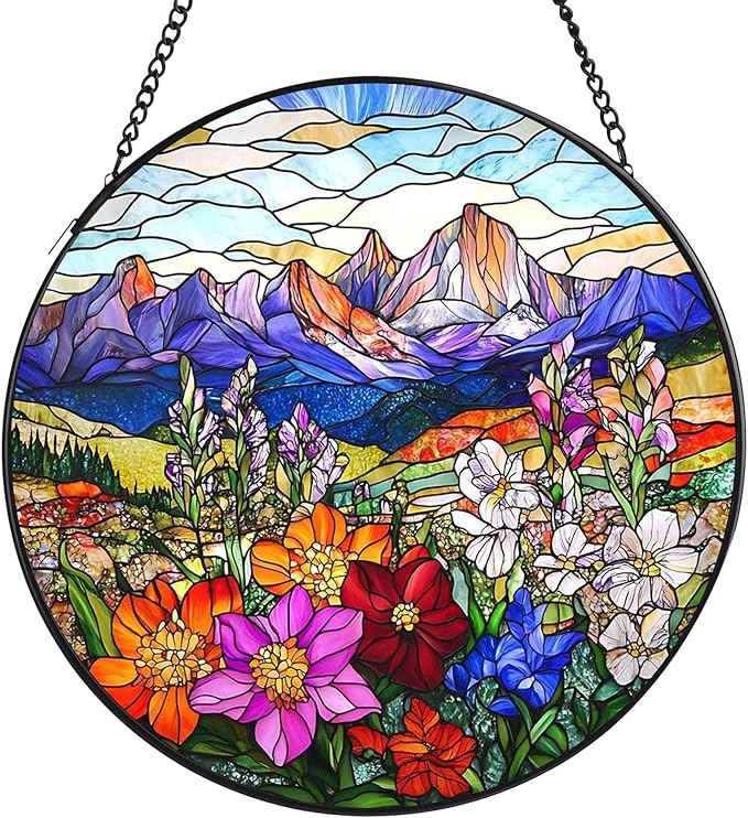 Valley Stained Glass Window Hanging, 7.8" Round Sun Catcher Hand Painted Wall Art Decor with Chain, Unique Housewarming Gifts for Couples, Home