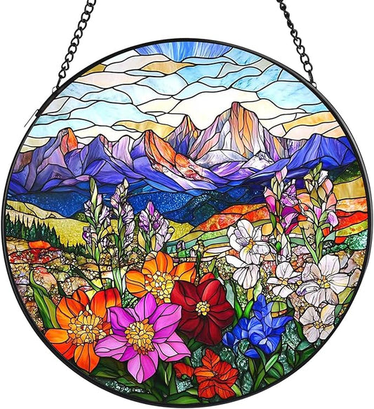 Valley Stained Glass Window Hanging, 7.8" Round Sun Catcher Hand Painted Wall Art Decor with Chain, Unique Housewarming Gifts for Couples, Home