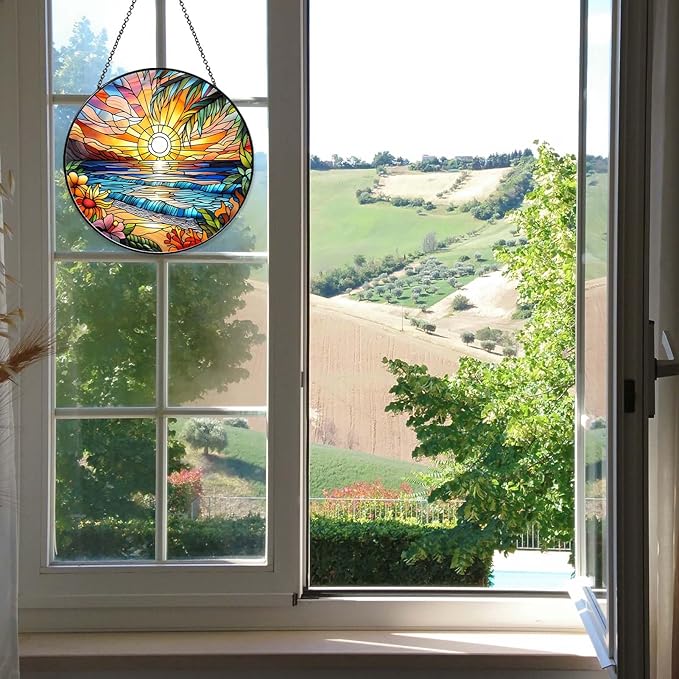 Beach Sunset Sun Catcher Stained Glass Window Hanging 9.8'', Beach Lovers Gifts for Women Kitchen Decor Landscape Decoration for Home Garden Housewarming Gifts