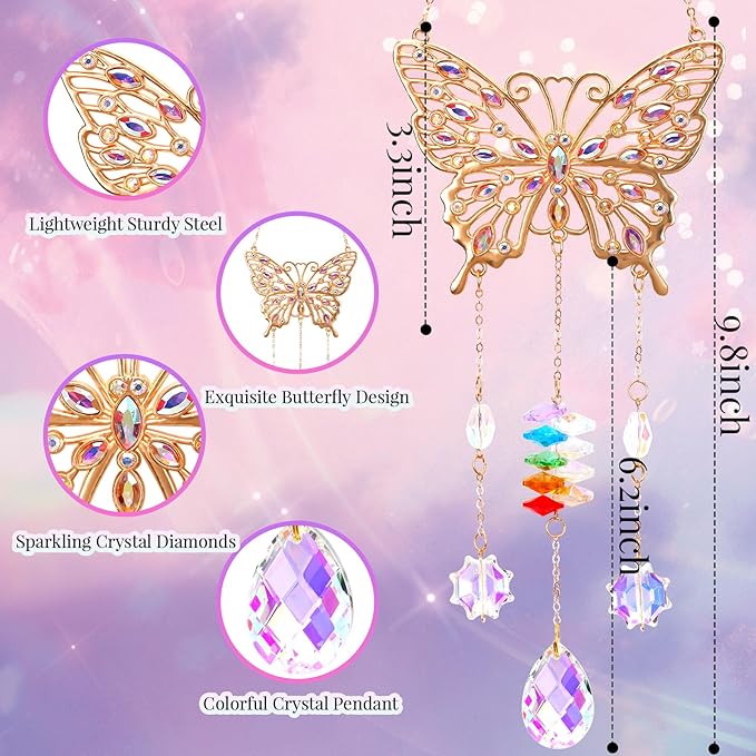 Butterfly Birthday Gifts for Women, Hanging Crystals Sun Catcher Prisms with Love Pendant for Window Room Garden Decor, Suncatcher Mothers Day Housewarming Gifts for Friends, Mom, Grandma, Wife