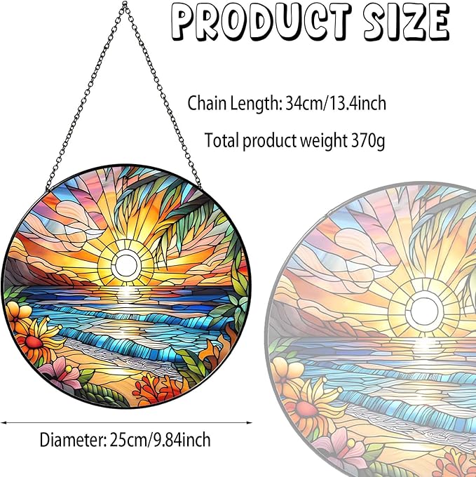 Beach Sunset Sun Catcher Stained Glass Window Hanging 9.8'', Beach Lovers Gifts for Women Kitchen Decor Landscape Decoration for Home Garden Housewarming Gifts