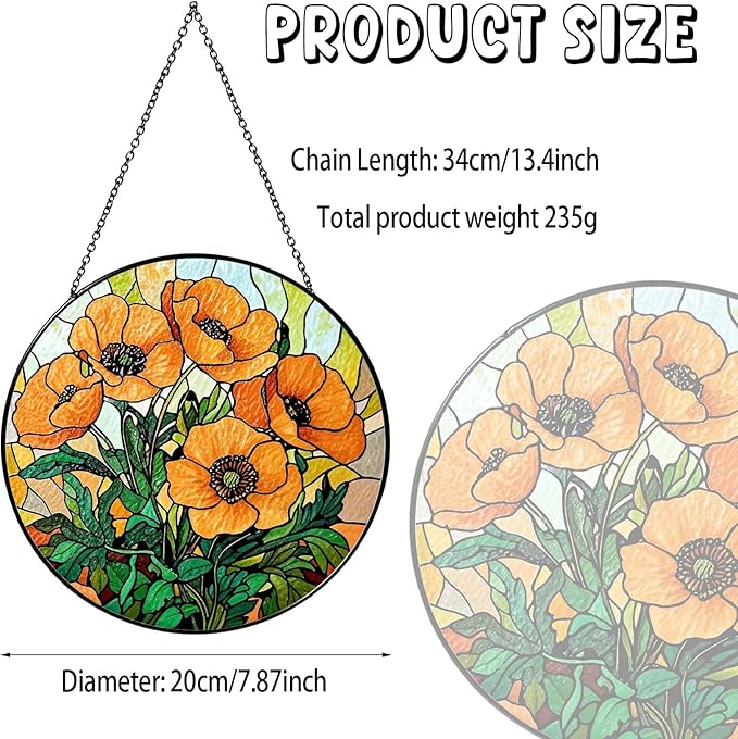 California Poppy Forest Sun Catcher Stained Glass Window Hanging Flower Lover Gifts for Women Poppy Wall Decor Handmade Sun Catcher Decoration for Home Garden Housewarming Gifts