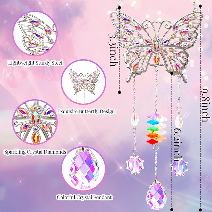 Butterfly Birthday Gifts for Women, Hanging Crystals Sun Catcher Prisms with Love Pendant for Window Room Garden Decor, Suncatcher Mothers Day Housewarming Gifts for Friends, Mom, Grandma, Wife