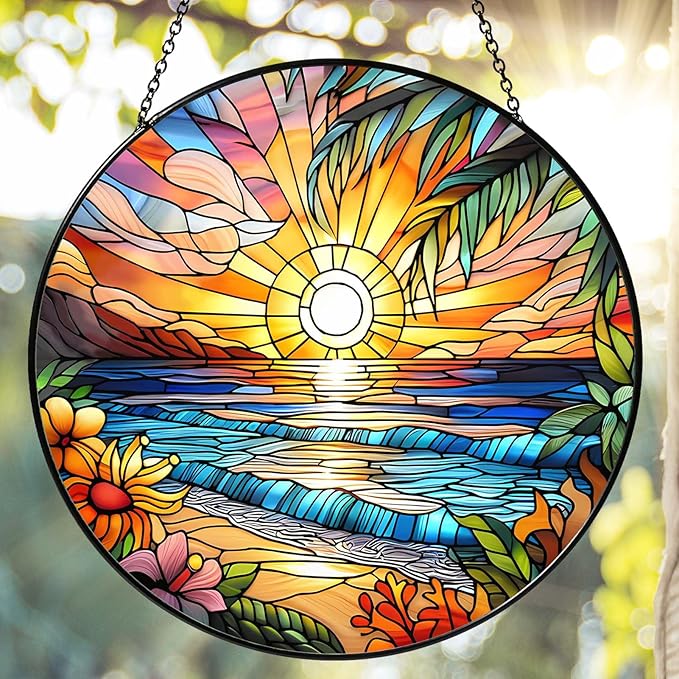 Beach Sunset Sun Catcher Stained Glass Window Hanging 9.8'', Beach Lovers Gifts for Women Kitchen Decor Landscape Decoration for Home Garden Housewarming Gifts