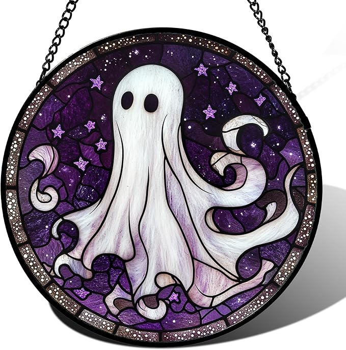 DASTOLL Stained Glass Window Hanging - Halloween Decorations White Ghost Purple Stars Suncatcher for Doors Garden Spooky Funny Sun Catchers Gothic Decor Horror Gifts for Women Men Friend 11.8 in